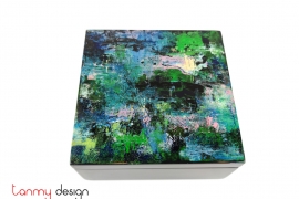 Dark blue square lacquer box hand- painted with abstract